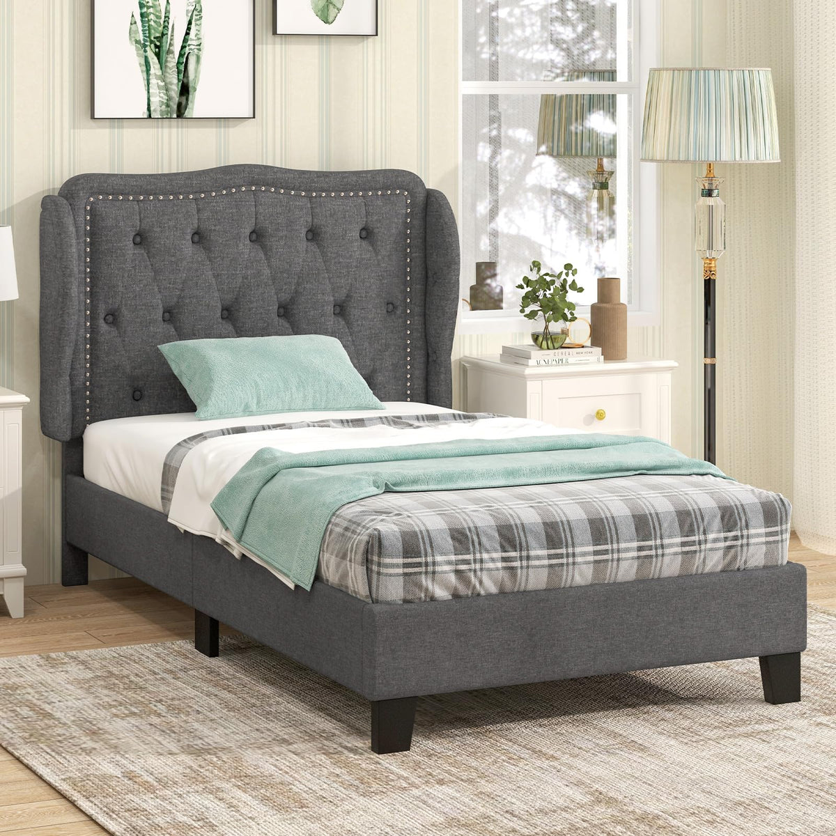 Grey Linen Upholstered Twin Bed Frame with Headboard B949849