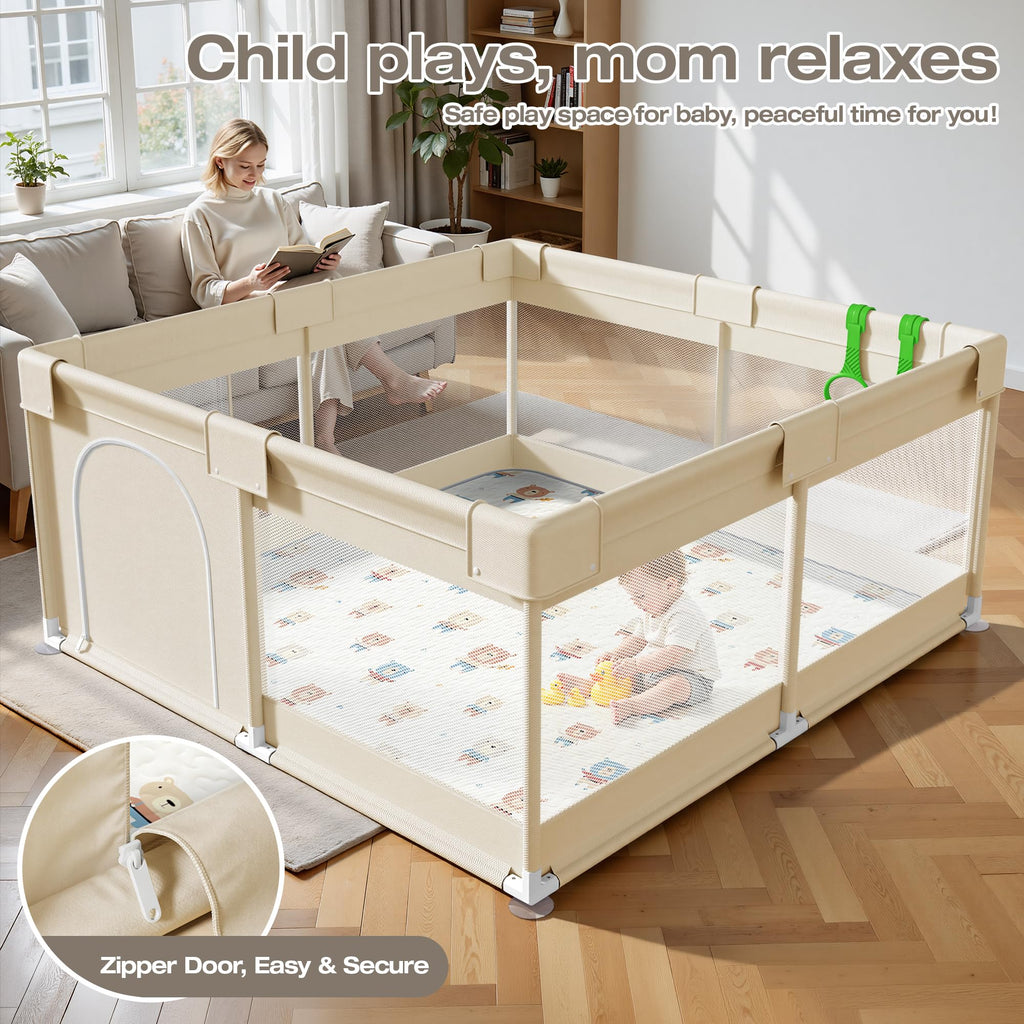 Baby Playpen with Mat, 47x47in Beige A337060