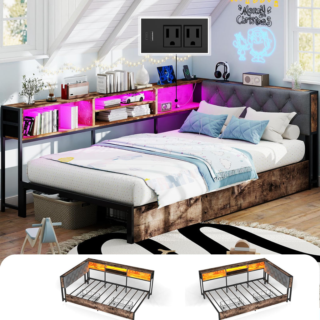 Twin Size Corner Bed Frame with Storage Bookcase P597