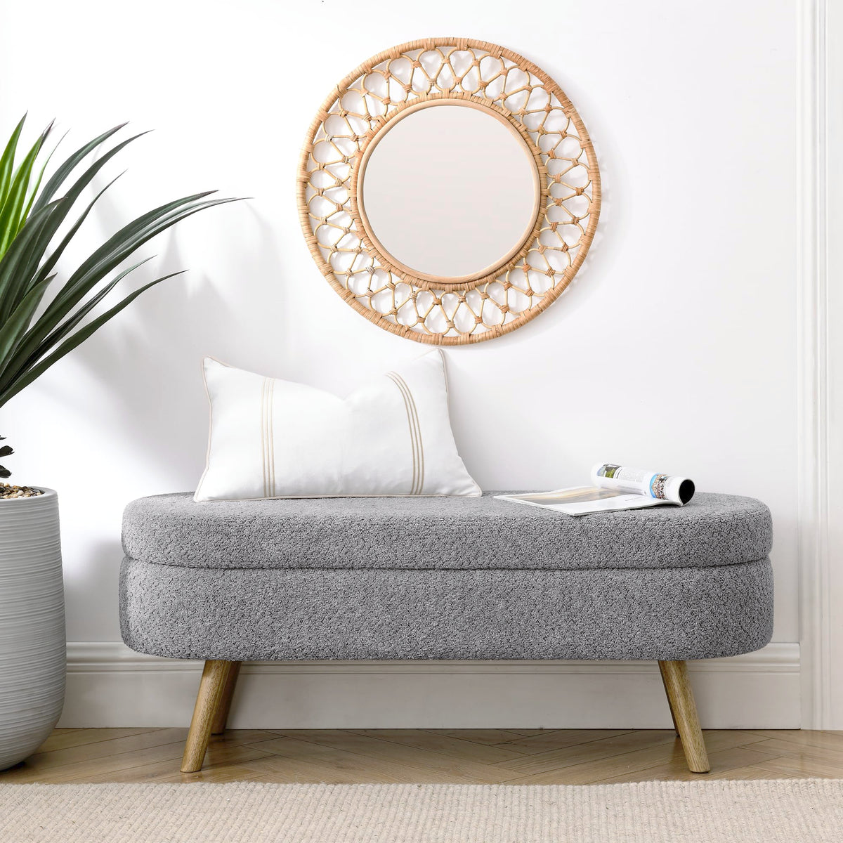 Oval Storage Bench with Rubber Wood Legs, Gray R8925
