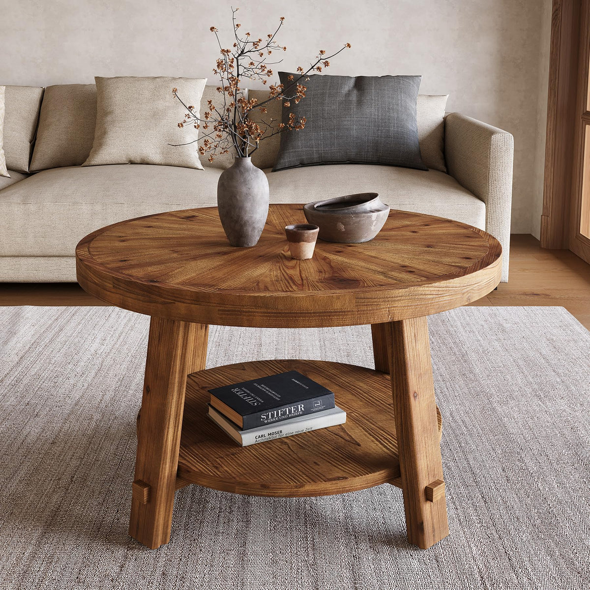 Solid Wood 2-Tier Round Coffee Table with Storage L26894