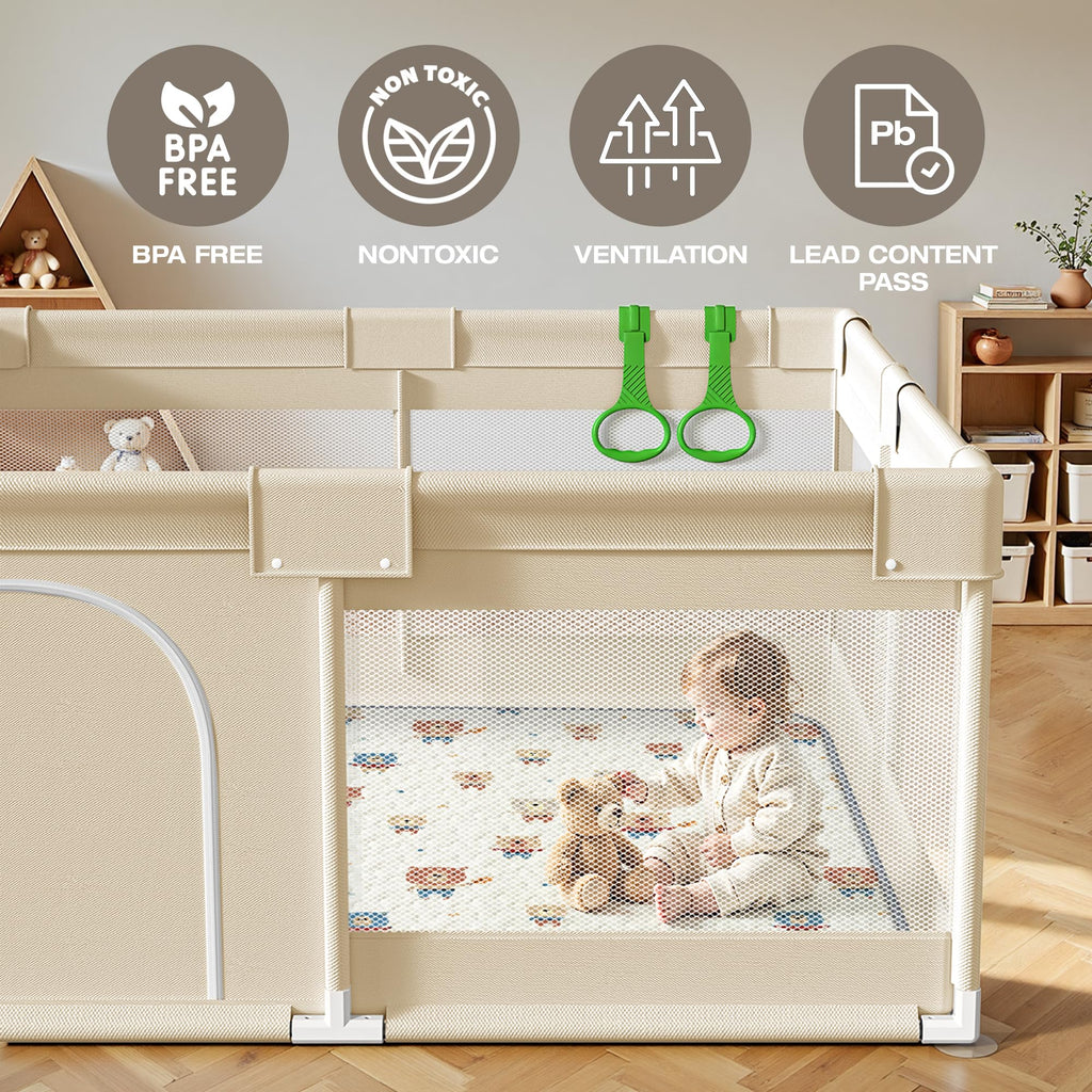 Baby Playpen with Mat, 47x47in Beige A337060