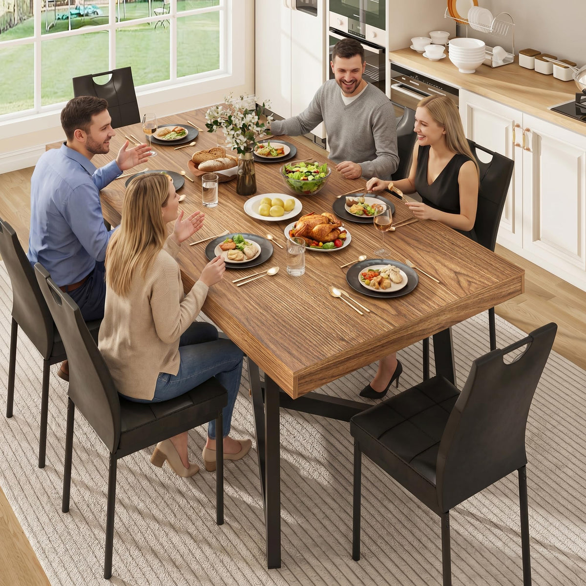 7 Pcs 71 inch Farmhouse Dining Table with Chairs Set for 6 Walnut A368334