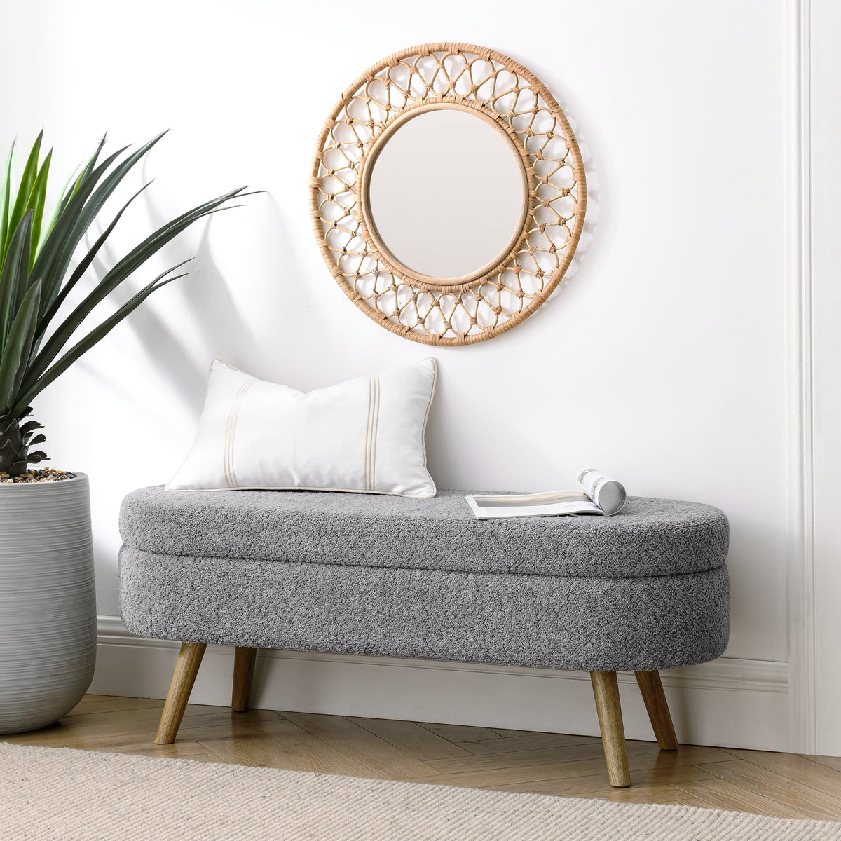 Oval Storage Bench with Rubber Wood Legs, Gray R8925