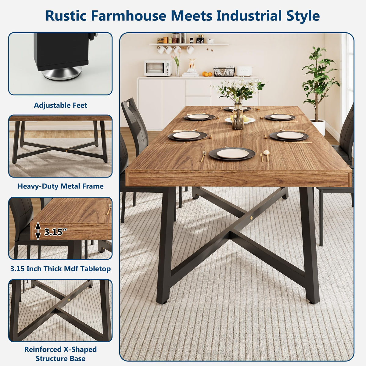 7 Pcs 71 inch Farmhouse Dining Table with Chairs Set for 6 Walnut A368334