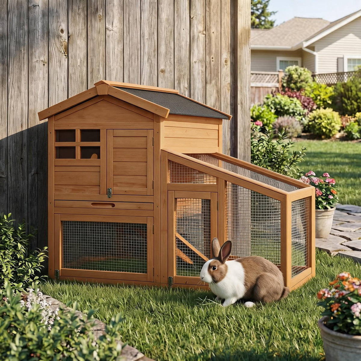 2-Story Wooden Rabbit Hutch with Run U221970