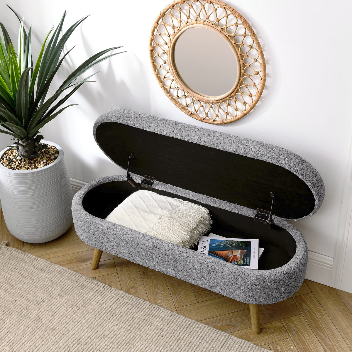 Oval Storage Bench with Rubber Wood Legs, Gray R8925