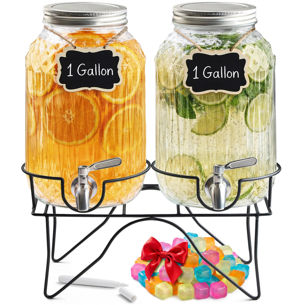 2 Gallon Glass Drink Dispensers with Stand, 2 Pack X3693