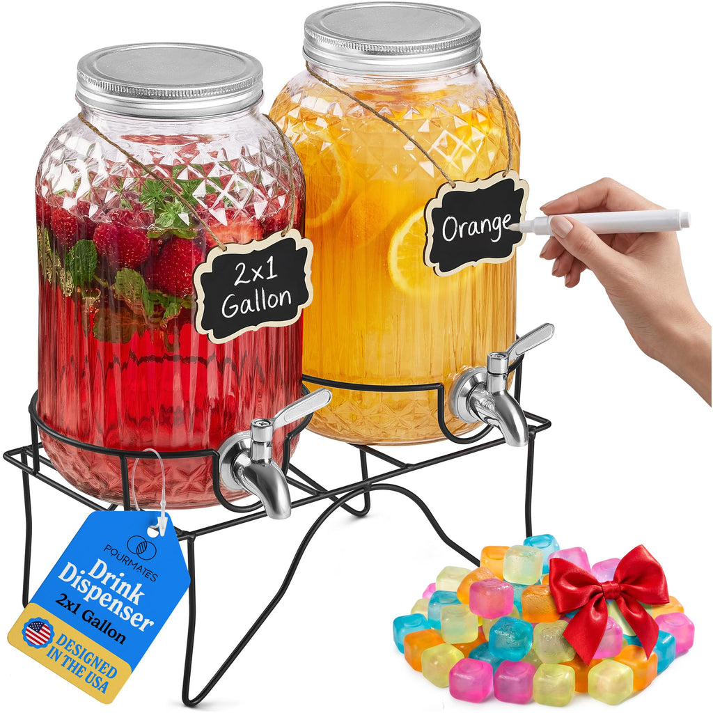2 Gallon Glass Drink Dispensers with Stand, 2 Pack X3693