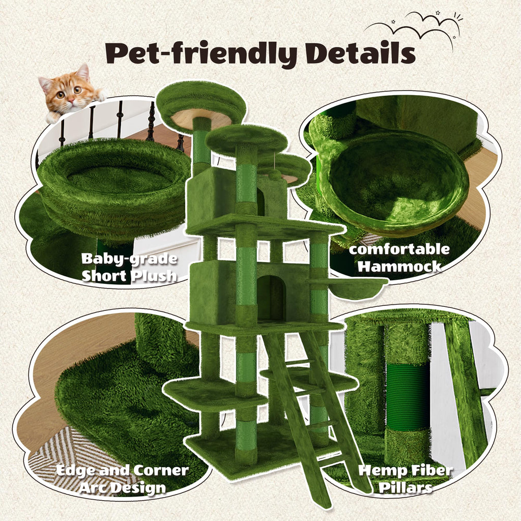 70.87" Green Multi-Level Cat Tree with Condos and Hammock U38951
