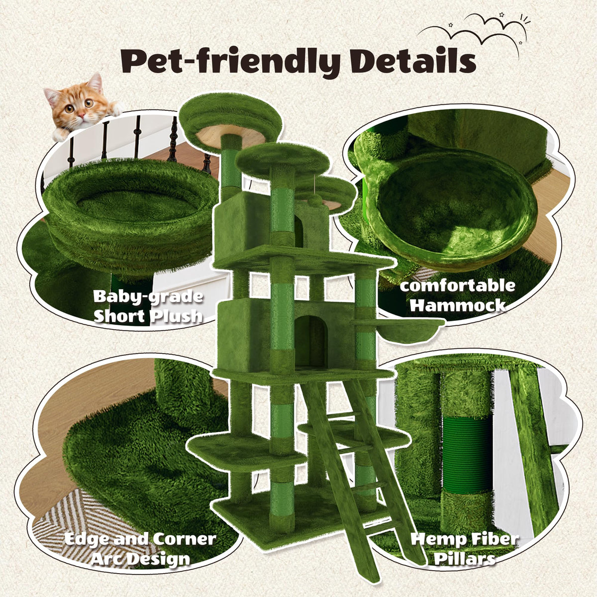 70.87" Green Multi-Level Cat Tree with Condos and Hammock U38951
