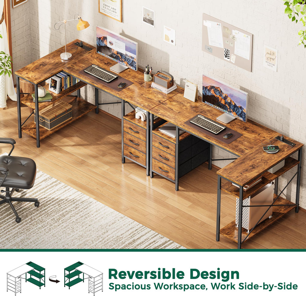 L Shaped Office Desk with Power Outlets & 3 Drawers X246