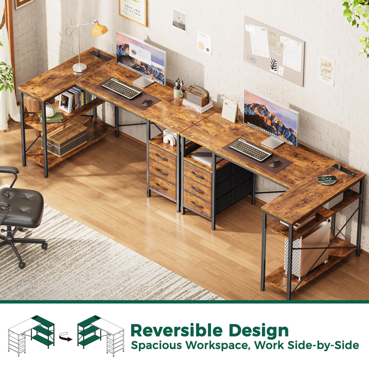 L Shaped Office Desk with Power Outlets & 3 Drawers X246