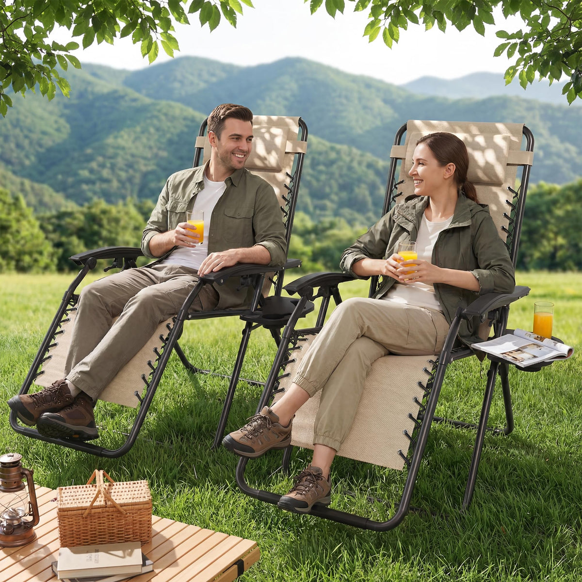 Set of 2 Adjustable Zero Gravity Lounge Chairs with Cup Holder Tray T33843