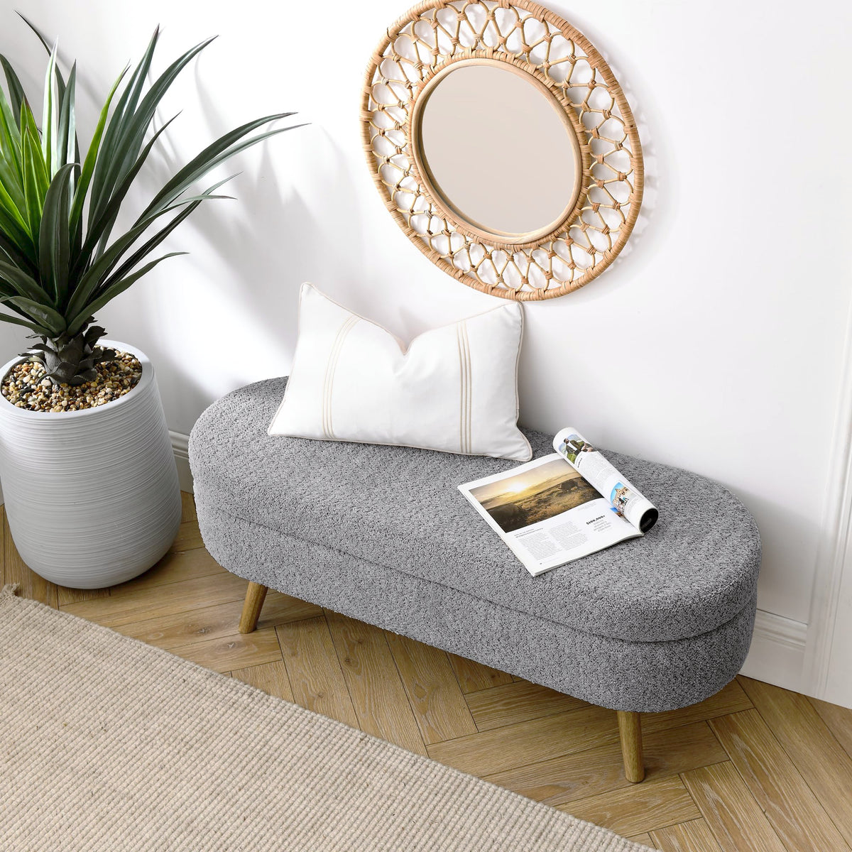 Oval Storage Bench with Rubber Wood Legs, Gray R8925
