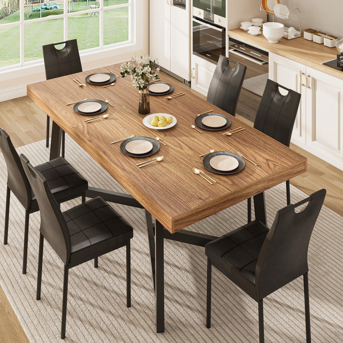 7 Pcs 71 inch Farmhouse Dining Table with Chairs Set for 6 Walnut A368334