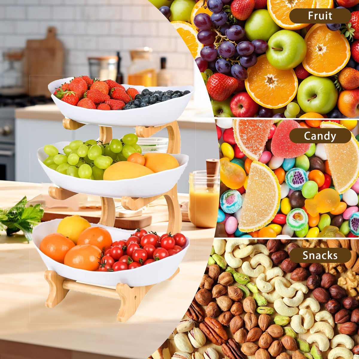 3 Tier Plastic Fruit Bowl with Bamboo Stand O1300