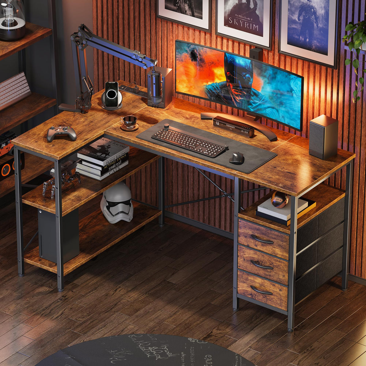 L Shaped Office Desk with Power Outlets & 3 Drawers X246