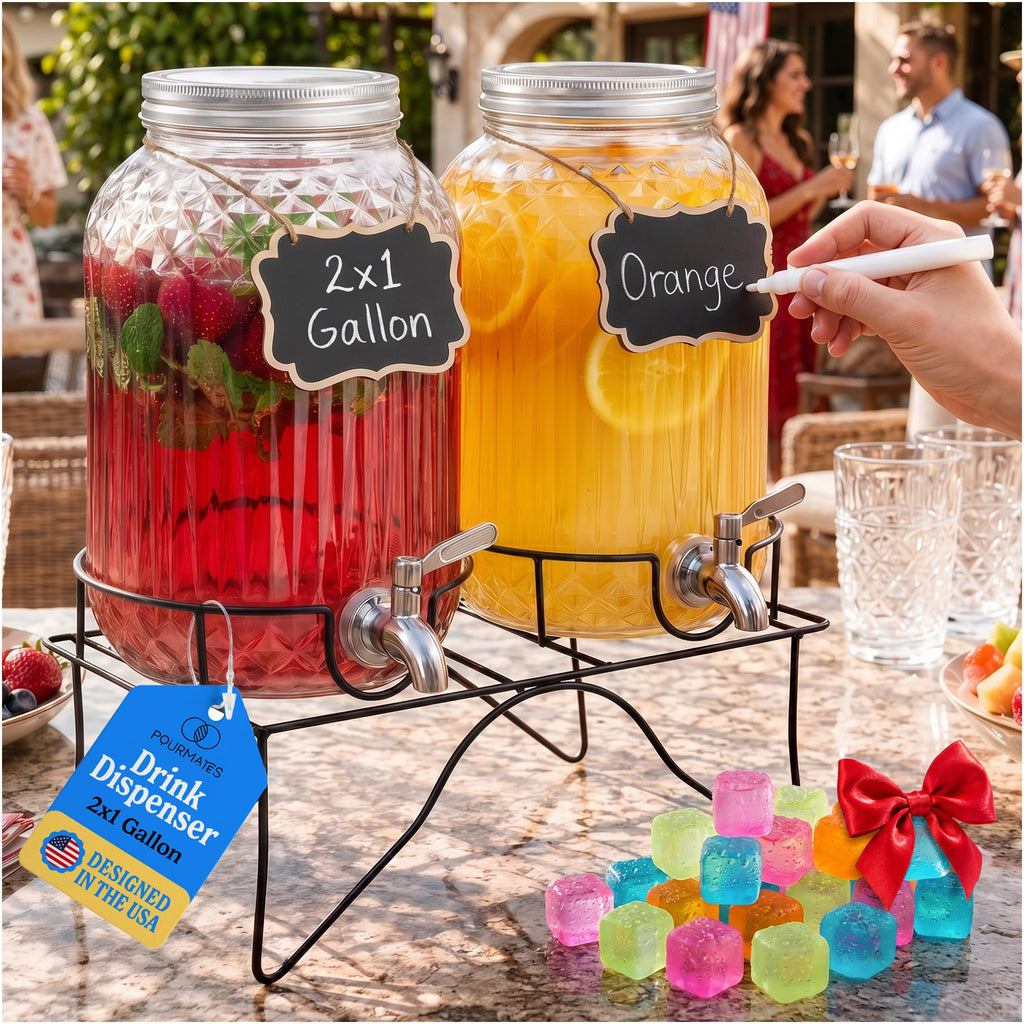 2 Gallon Glass Drink Dispensers with Stand, 2 Pack X3693