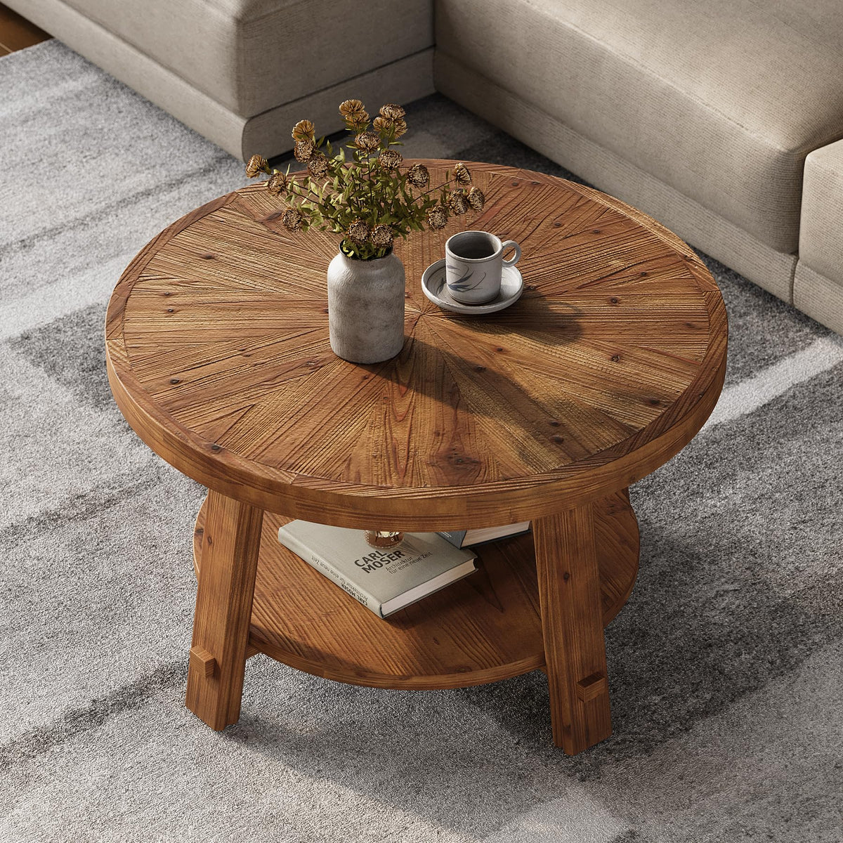 Solid Wood 2-Tier Round Coffee Table with Storage L26894