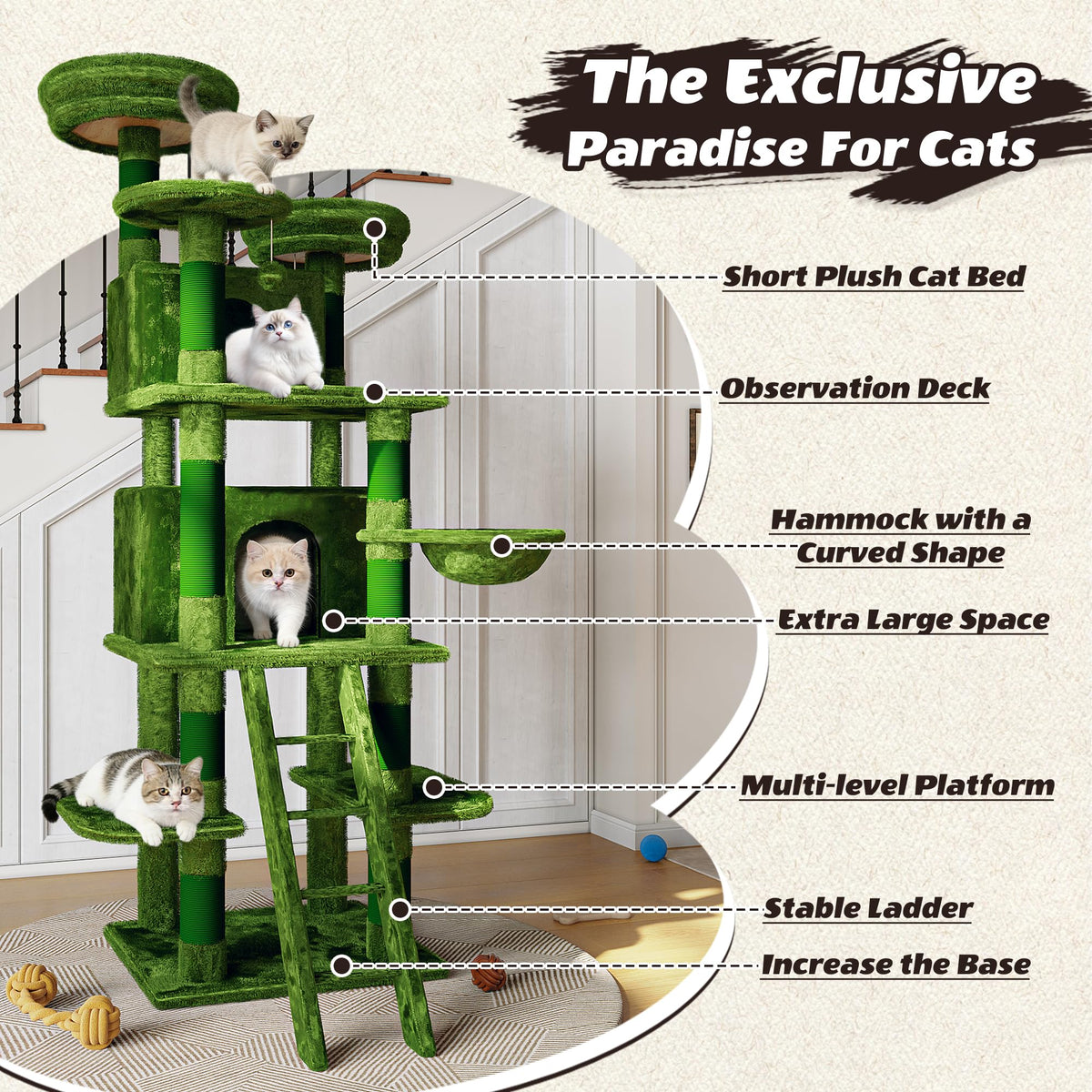 70.87" Green Multi-Level Cat Tree with Condos and Hammock U38951