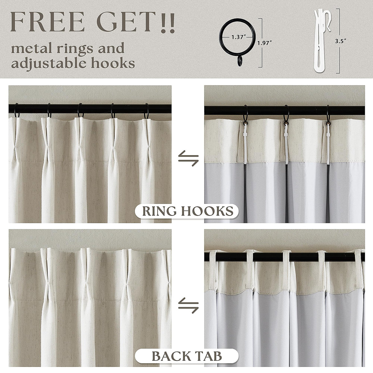 90 Inch Pinch Pleated Linen 100% Blackout Curtains 2 Panels T69791