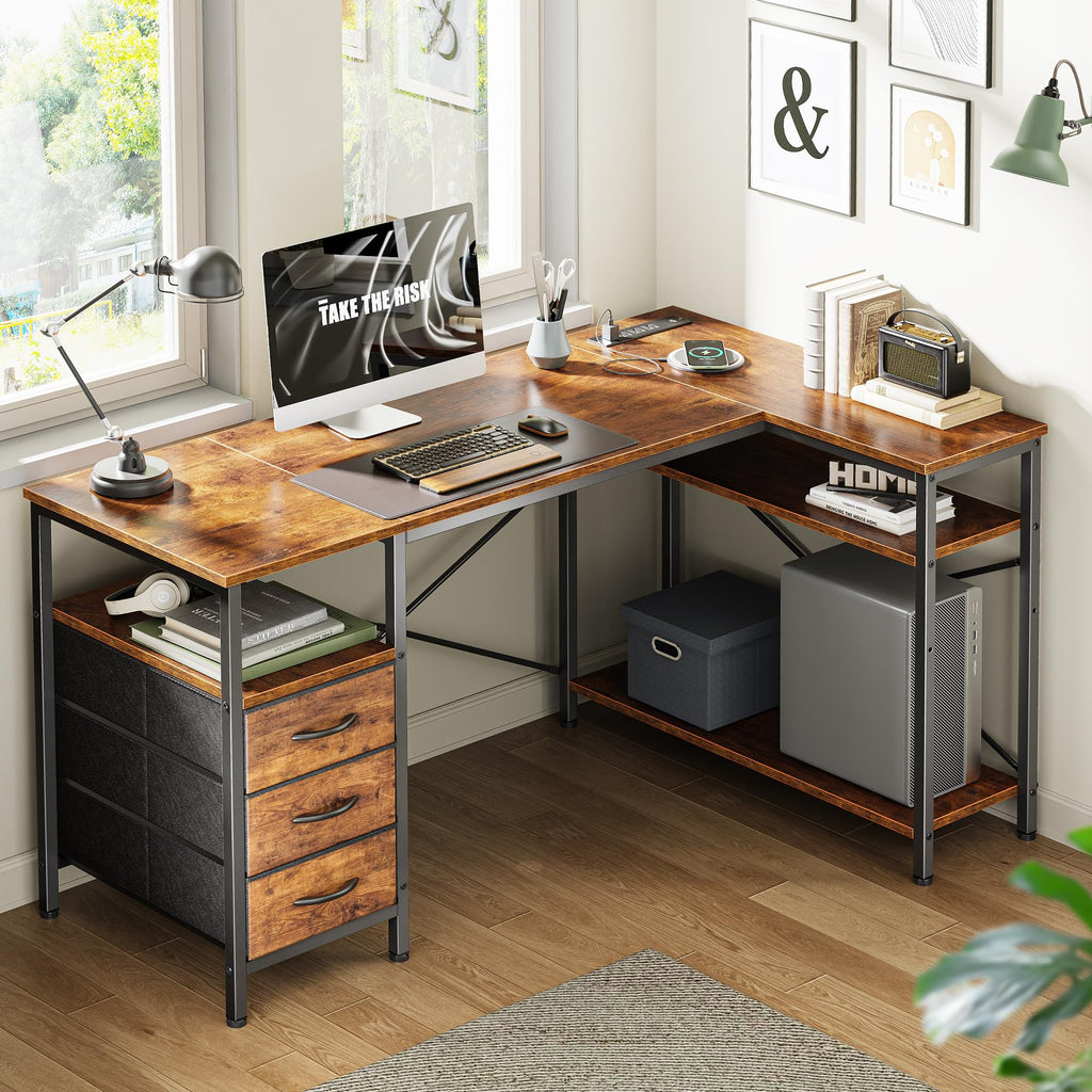 L Shaped Office Desk with Power Outlets & 3 Drawers X246